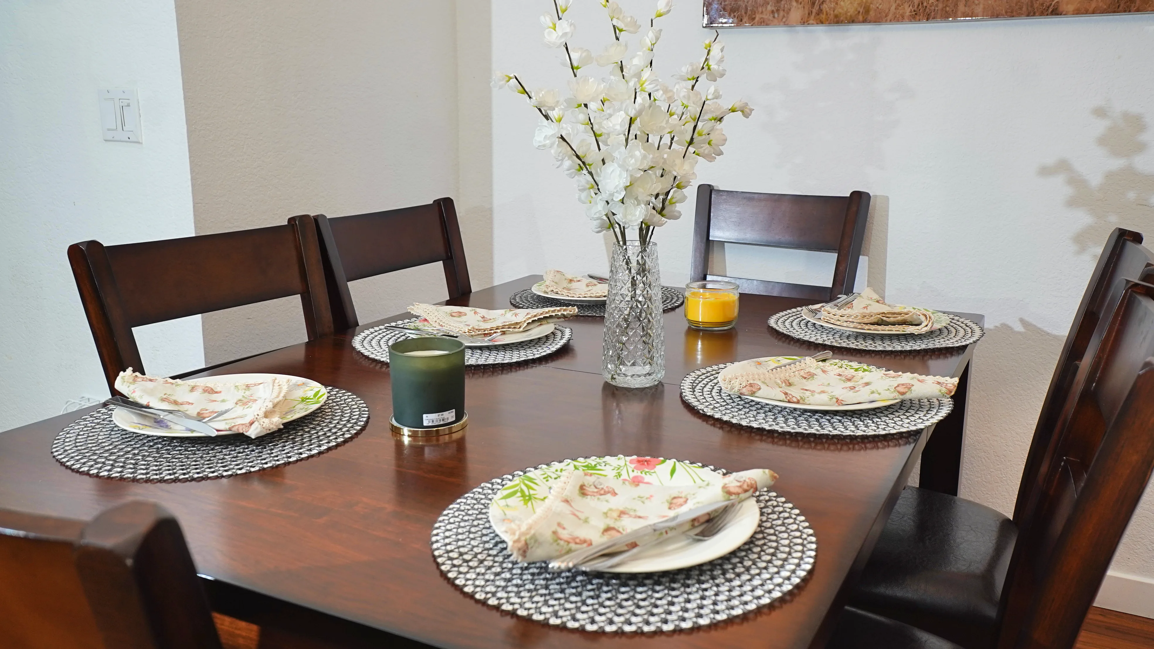 Dining table set for dinner